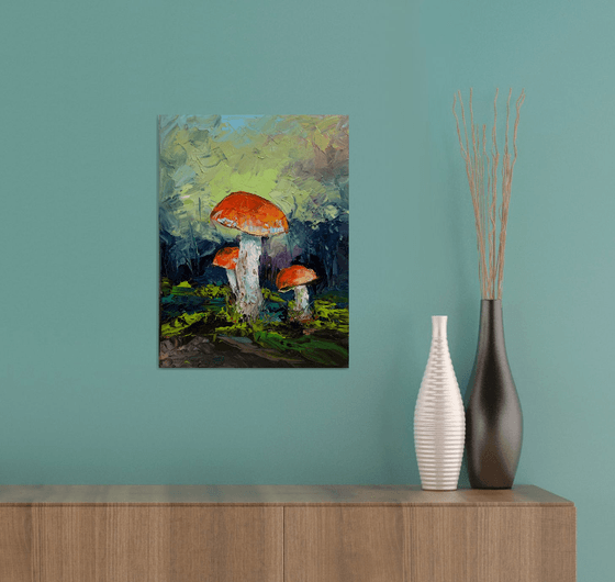 Fungi, orange-cap boletus Mushrooms. Original impasto, palette knife oil  painting. Painting by Vita Schagen