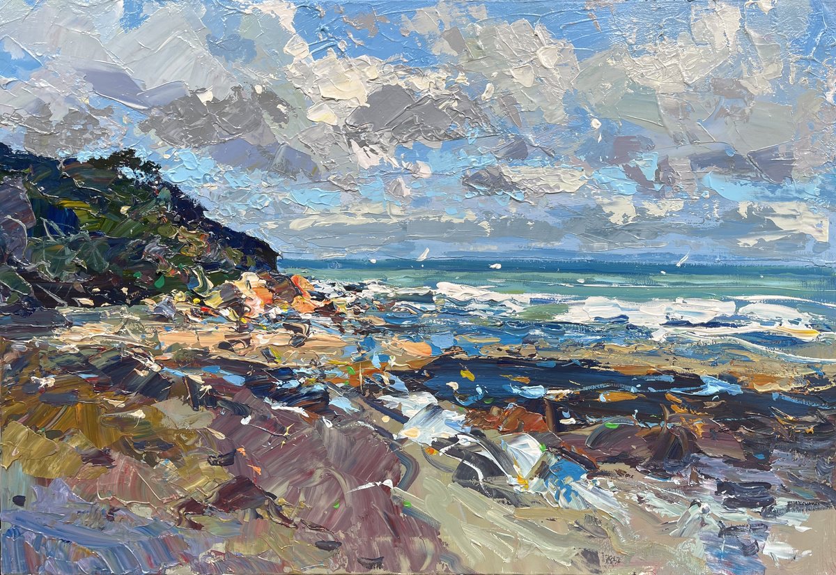Expressive Landscape Oil Painting By Agostino Veroni, 36 X 24, Modern Beach Oil Painting On Canvas, Original Artwork