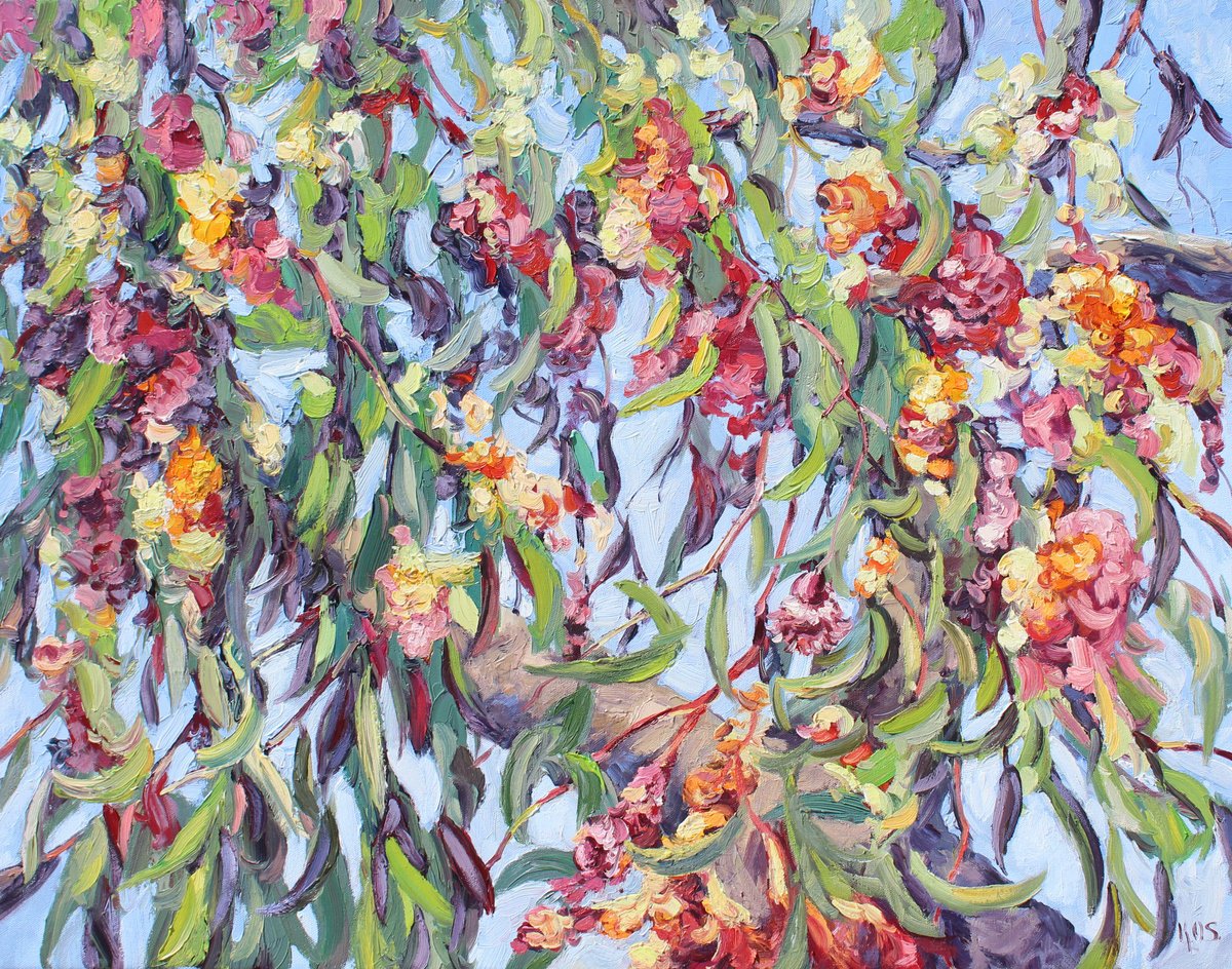 Impressionistic Landscape Oil Painting By Kristen Olson Stone, 28 X 22", Gum Tree Blossoms, Original Artwork