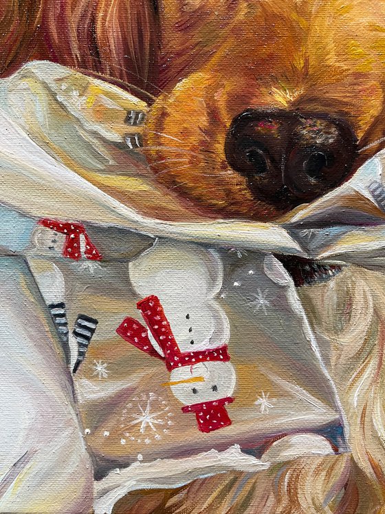 CHRISTMAS MORNING, Original Golden Retriever Pet Oil Portrait