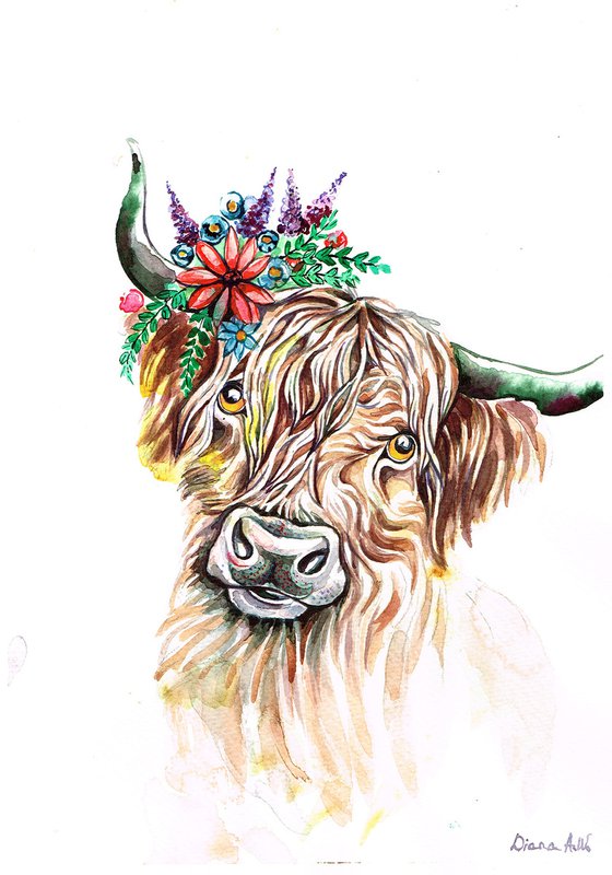 Highland Moo Cow with Spring Flowers