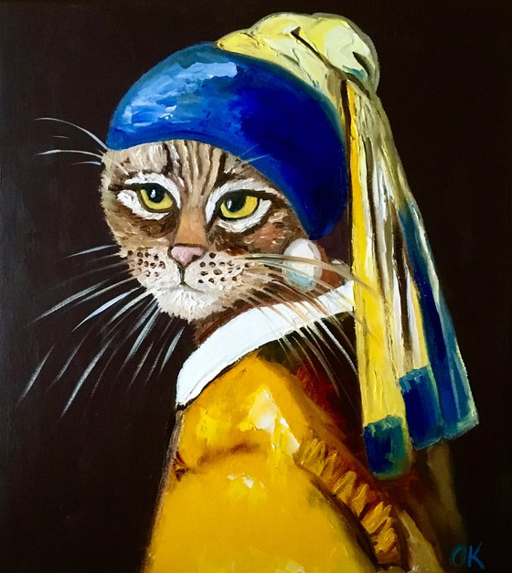 Cat with the pearl earring inspired by Vermeer painting feline art for cat lovers gift idea