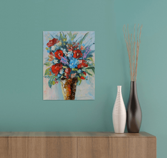 Bright flowers, bouquet of flowers in a vase. Still life. 30x40cm