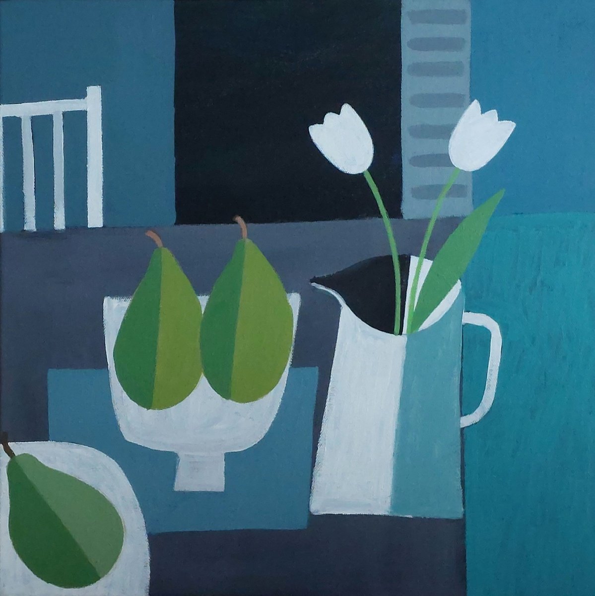 Abstract Still Life Acrylic Painting By Jan Rippingham, 16 X 16, Two White Tulips, Original Artwork