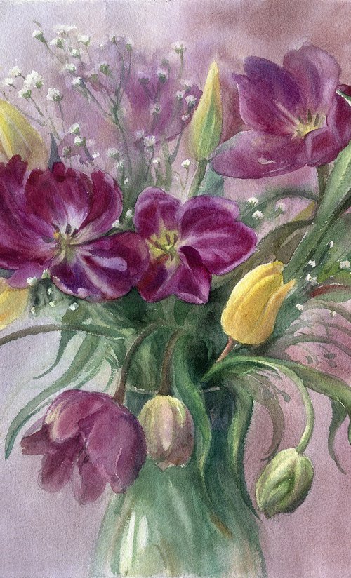 Lilac and Yellow Tulips by SVITLANA LAGUTINA