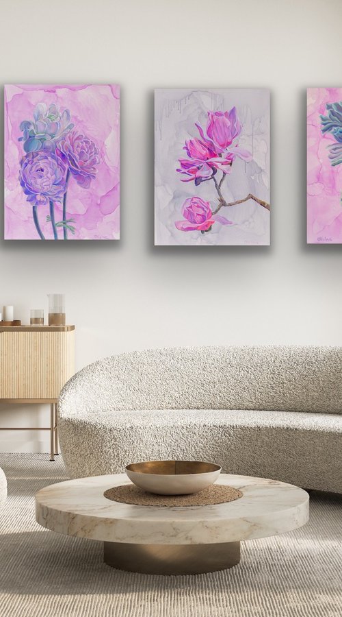 Triptych turquoise and pink by Olga Volna