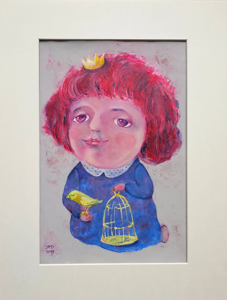 Naive Portrait Acrylic Painting By Ksenia June, 12 X 16", A Girl And The Bird Dream, Original Artwork