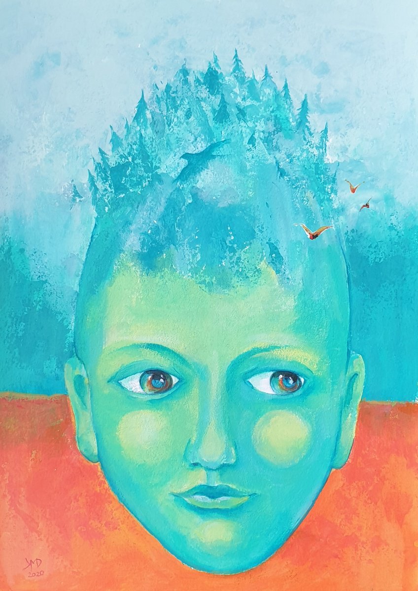 Surrealistic Portrait Acrylic Painting By Ksenia June, 8 X 12", Misty Forest In My Head, Original Artwork