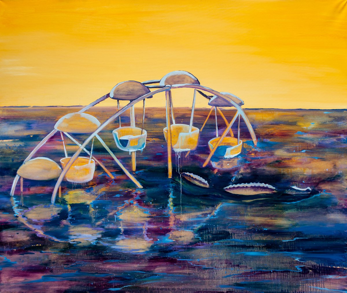 Surrealistic Landscape Oil Painting By Dominic Virtosu, 60 X 51, Ferris Wheel, Original Artwork