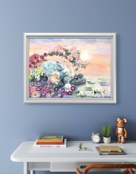 Floral garden with rabbits