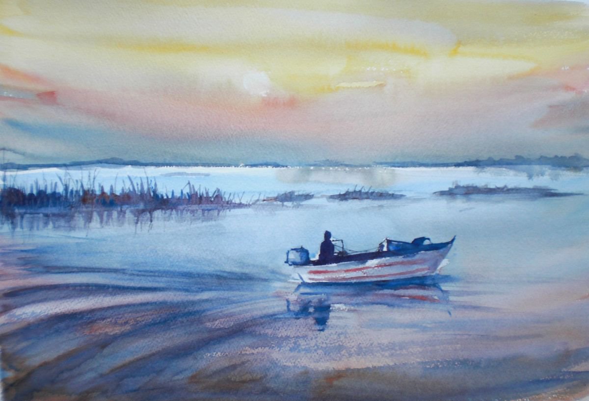 Expressive Landscape Watercolour By Giorgio Gosti, 18 X 13, Boat In The Comacchio Marsh, Original Artwork