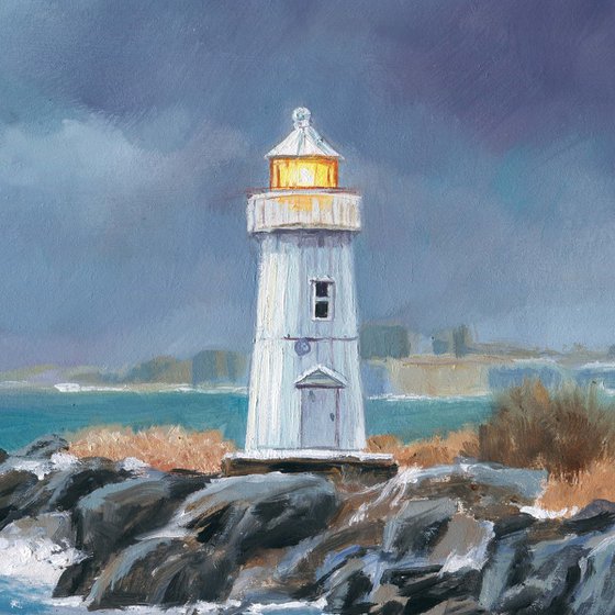 Lighthouse in blue-gray sky