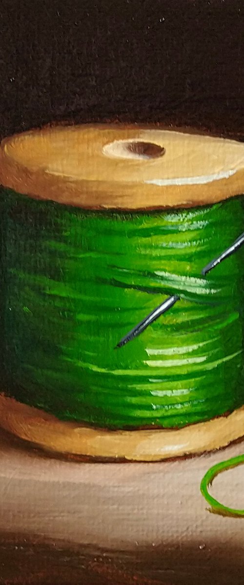 Little green cotton reel #2 still life by Jane Palmer Art
