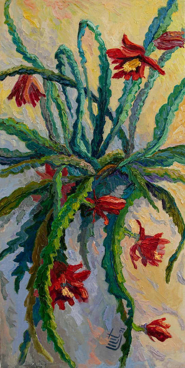 Impressionistic Botanical Oil Painting By Lilit Vardanyan, 18 X 35", Blooming Epiphyllum, Original Artwork