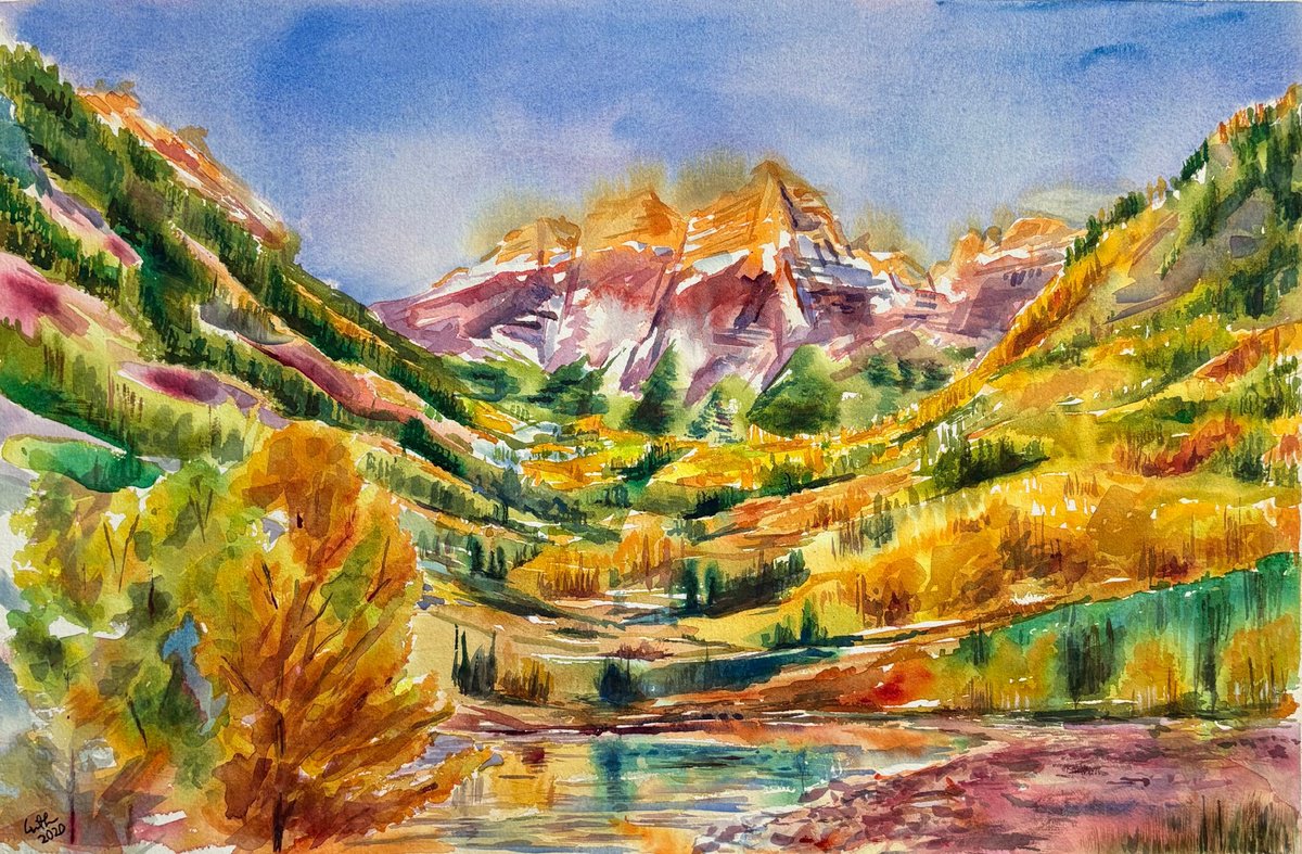Impressionistic Landscape Watercolour By Geeta Yerra, 22 X 15, Maroon Bells, Aspen, Original Artwork