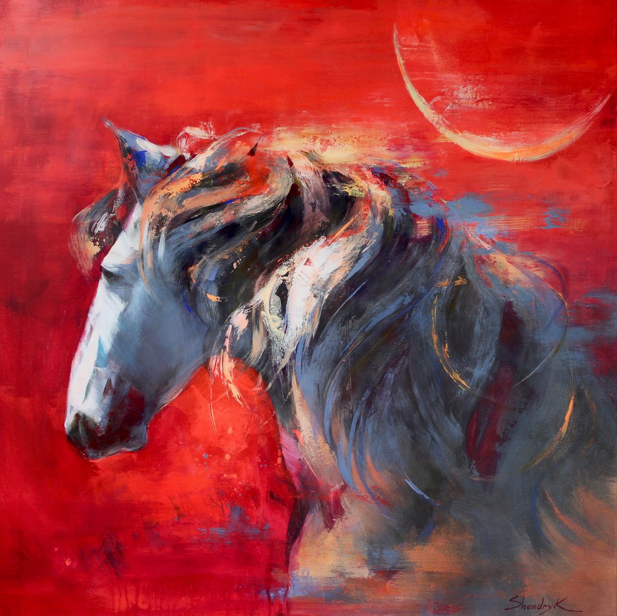 Impressionistic Animal Acrylic Painting By Tetiana Shendryk, 39 X 39", Spirit In Crimson, Original Artwork
