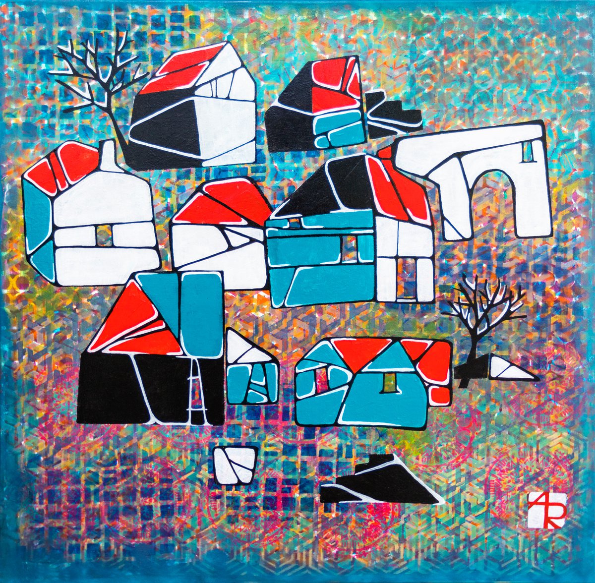 Geometric Cityscapes Acrylic Painting By Ariadna De Raadt, 31 X 31, Home And Silence 5, Original Artwork