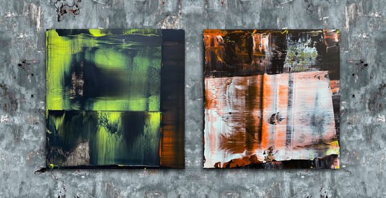 "Who Wore It Best" - Save As A Series - Original PMS Abstract Acrylic Painting Diptych On Recycled/Upcycled Wooden Panels - 28.25" x 14.5"