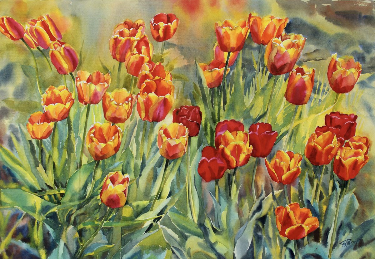 Impressionistic Botanical Watercolour By Yurii Pashkov, 37 X 25", Tulips#4, Original Artwork