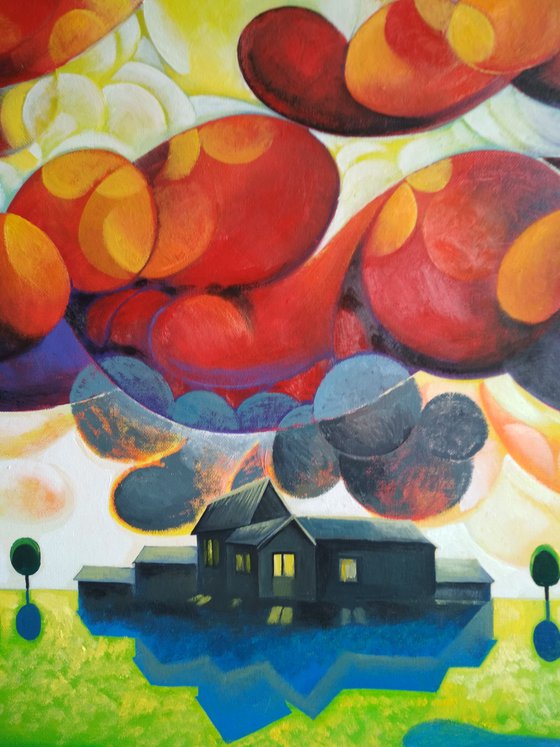 Sunset (80x90cm, cubism, oil painting, ready to hang)