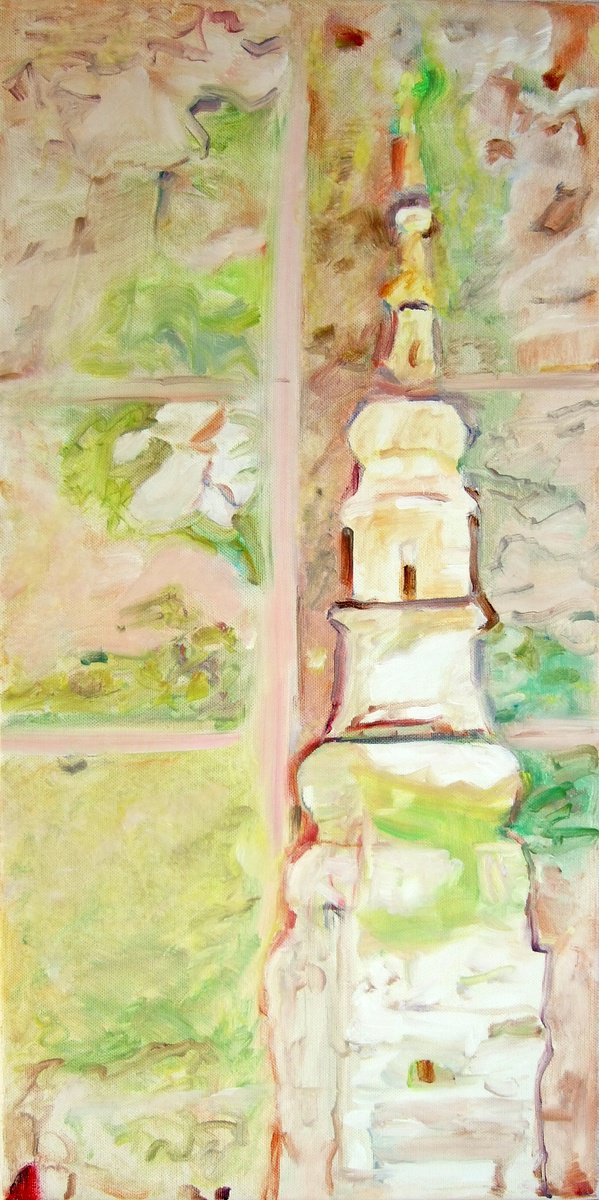 Geometric Cityscapes Oil Painting By Sebastian Rudko, 12 X 24", Reminiscences, Original Artwork