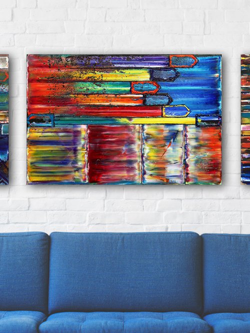 "The Road Less Traveled" - Save As A Series - Unique PMS Geometric Oil Painting Triptych On Canvas - 84" x 24" by Preston M. Smith (PMS)