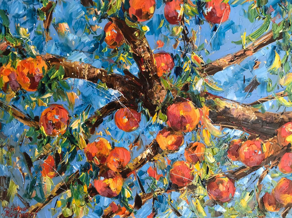 Impressionistic Landscape Oil Painting By Diana Malivani, 31 X 24, Peach Tree, Original Artwork