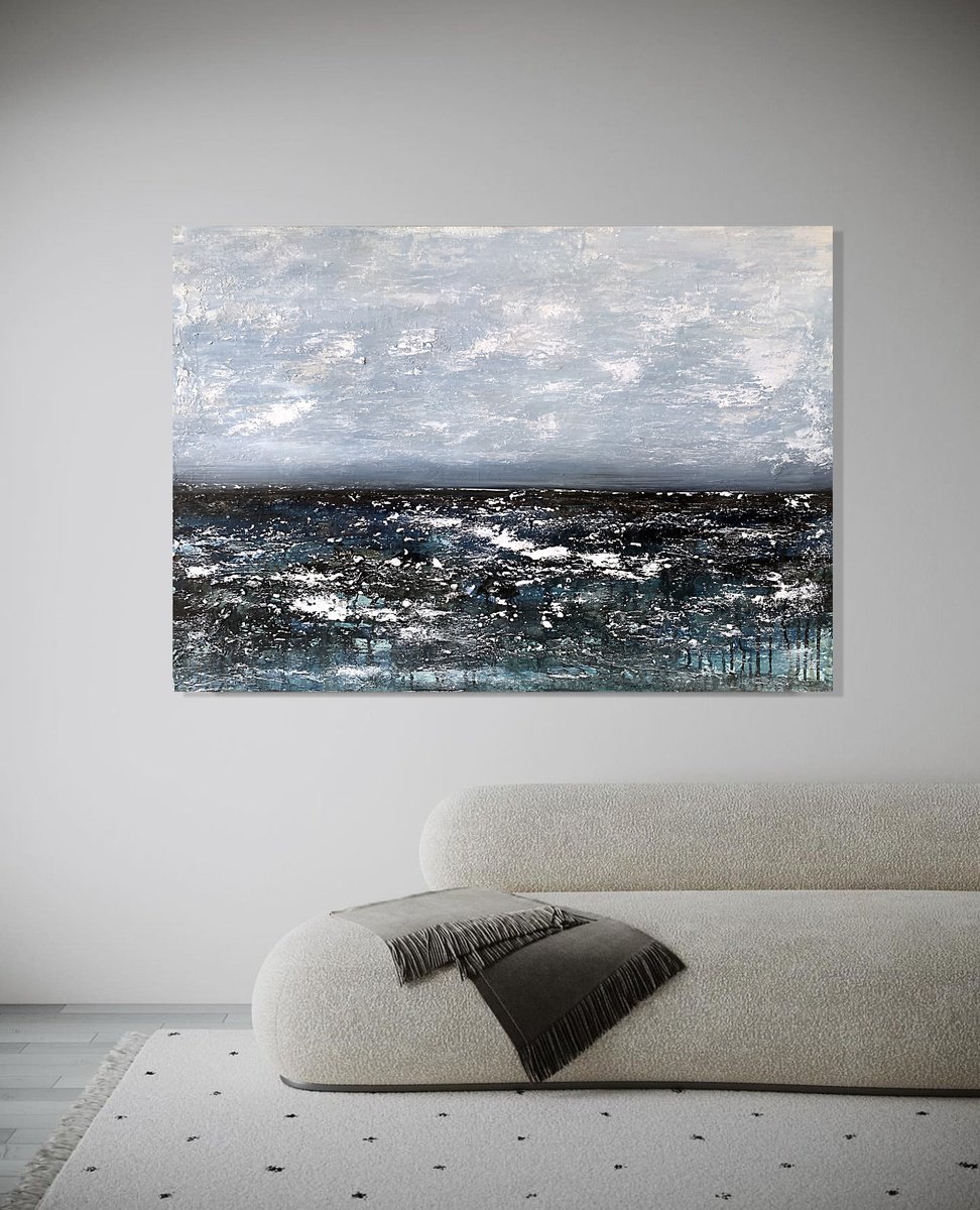 Textured Navy BLUE LANDSCAPE GRAY WHITE indigo ABSTRACT ART. by Marina Skromova