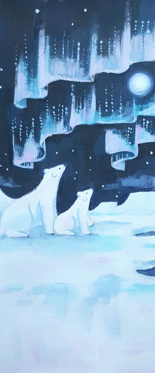 northern lights with polar bears by Mary Stubberfield