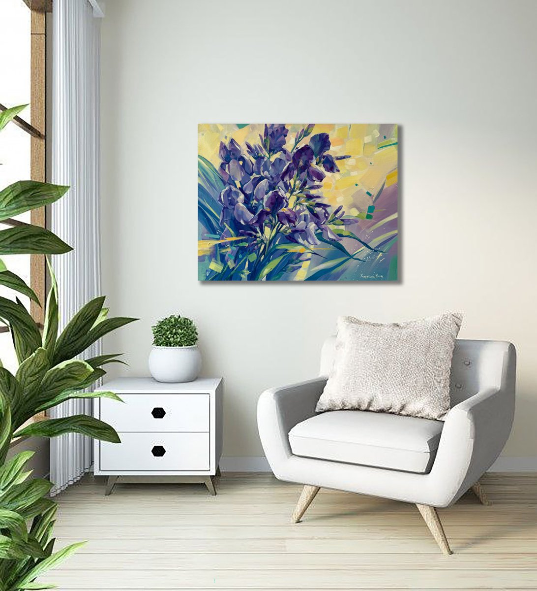 Botanical Oil Painting By Natalia Yampolskaia, 35 X 28", Irises In The Sunshine, Original Artwork