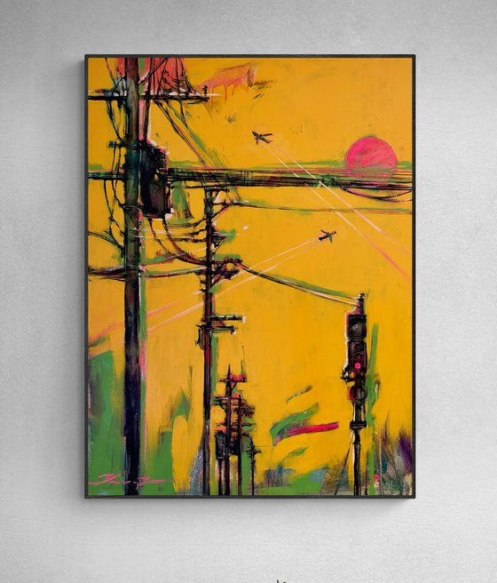 Pink wires"- Street art - Diptych - Electric pole - Urban - Sunset