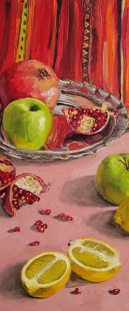 Lemon, apple and pomegranate fruit still life original oil painting 16x20'' by Leyla Demir