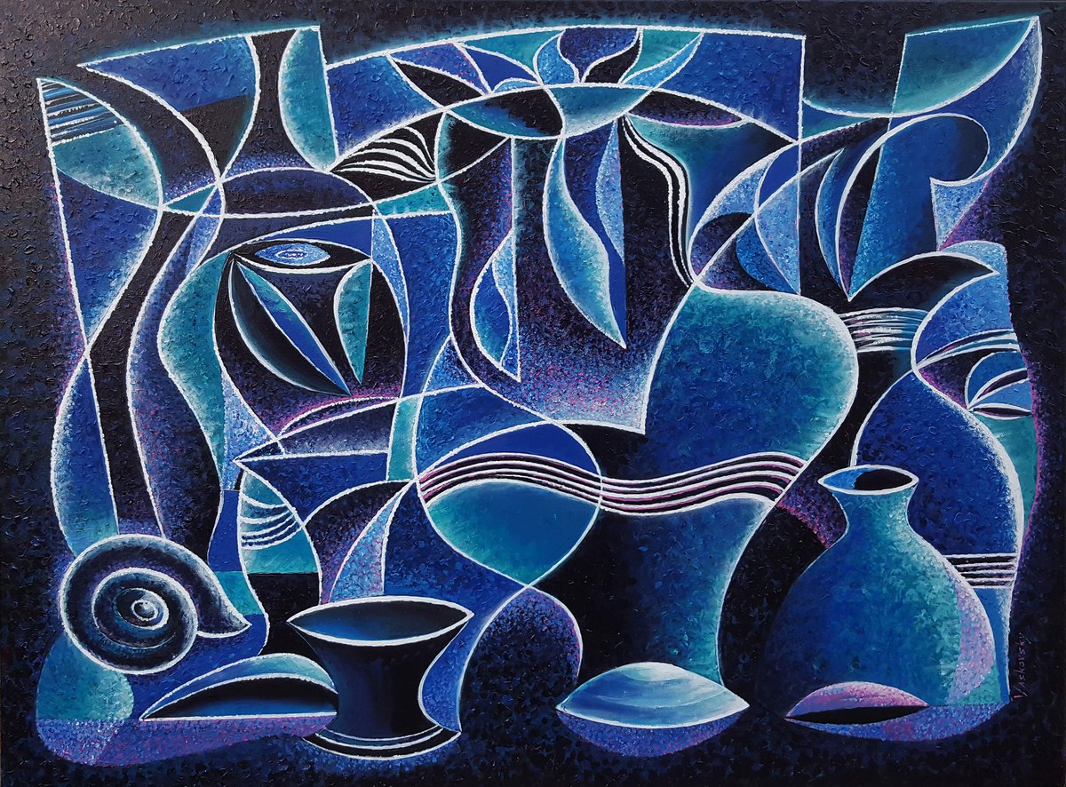 Abstract Acrylic Painting By Vadim Vaskovsky, 40 X 30", Still-Life With Shells, Original Artwork