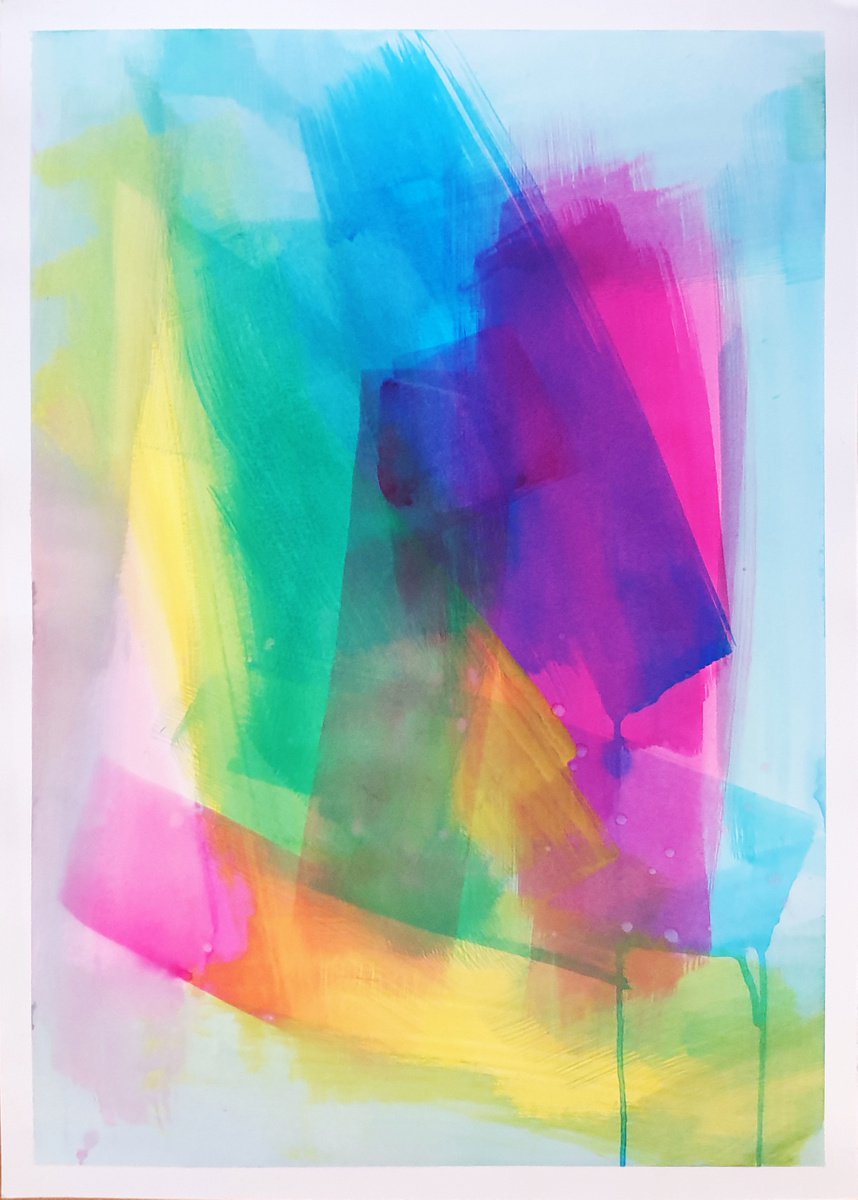 Abstract Painting By T Kyomu, 20 X 28", Pink Into Yellow, Original Artwork