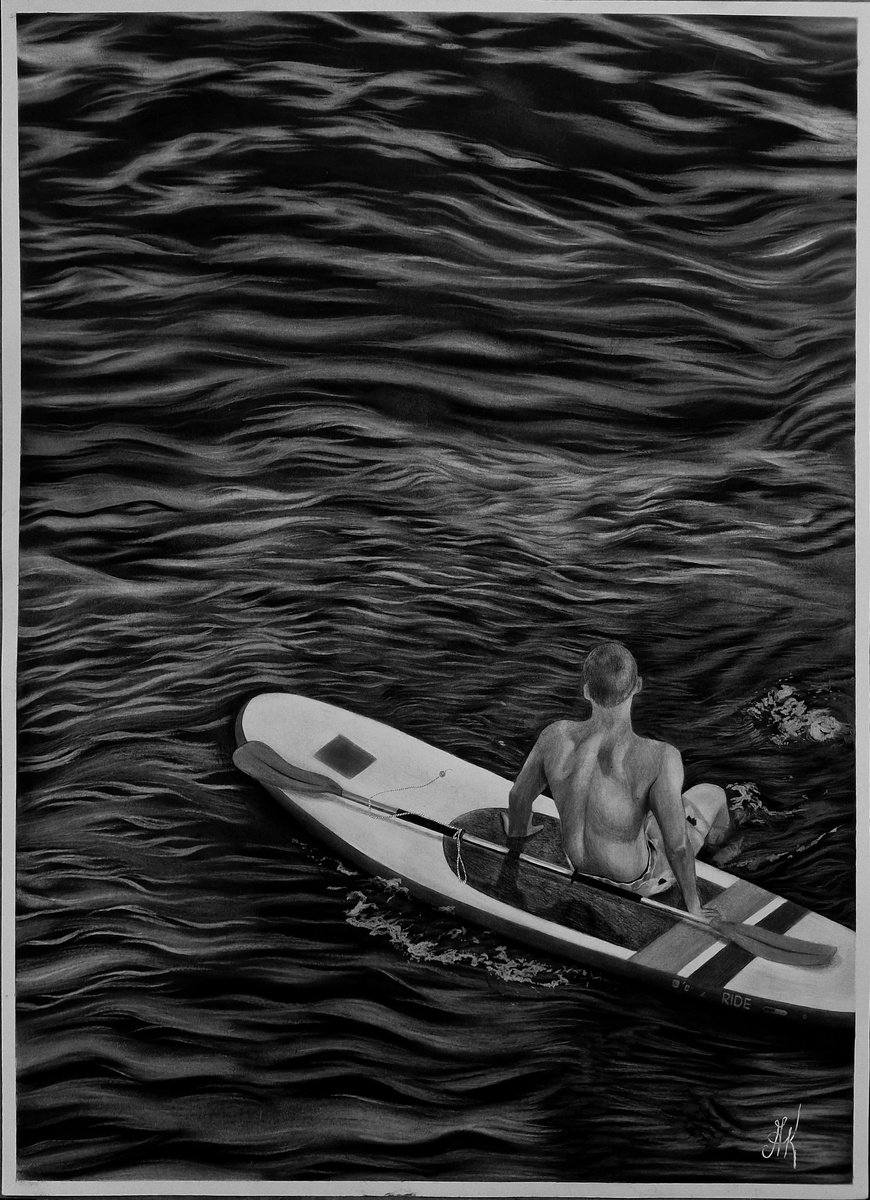 Photorealistic Charcoal Drawing , On The Waves By Kateryna Kostyk, 16 X 23, Artwork For Sale On Artfinder
