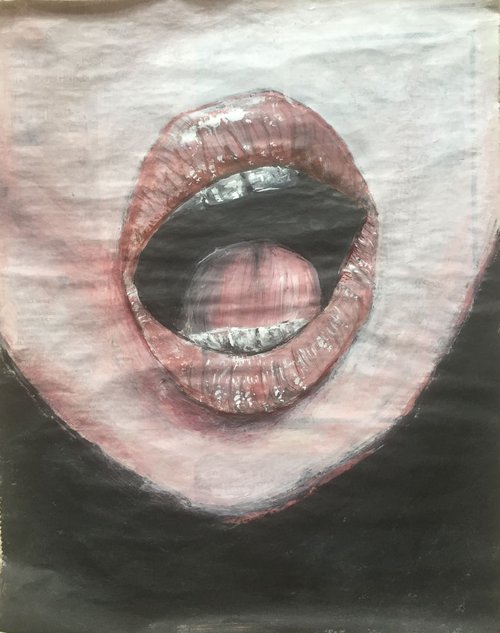 Lips Study II Pink Lips Mouth Open Woman Face Portrait Original Artwork Realistic Lips Black and White Art For Sale Buy Art Now Free Delivery 37x29cm Newspaper Painting by Kumi Muttu