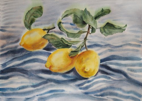 Lemons on a striped towel by Delnara El
