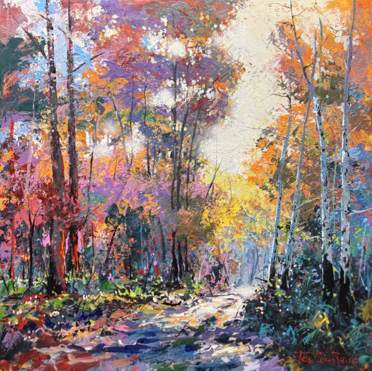 Impressionistic Landscape Acrylic Painting By Jos Coufreur, 39 X 39, Road Through The Forest 11, Original Artwork