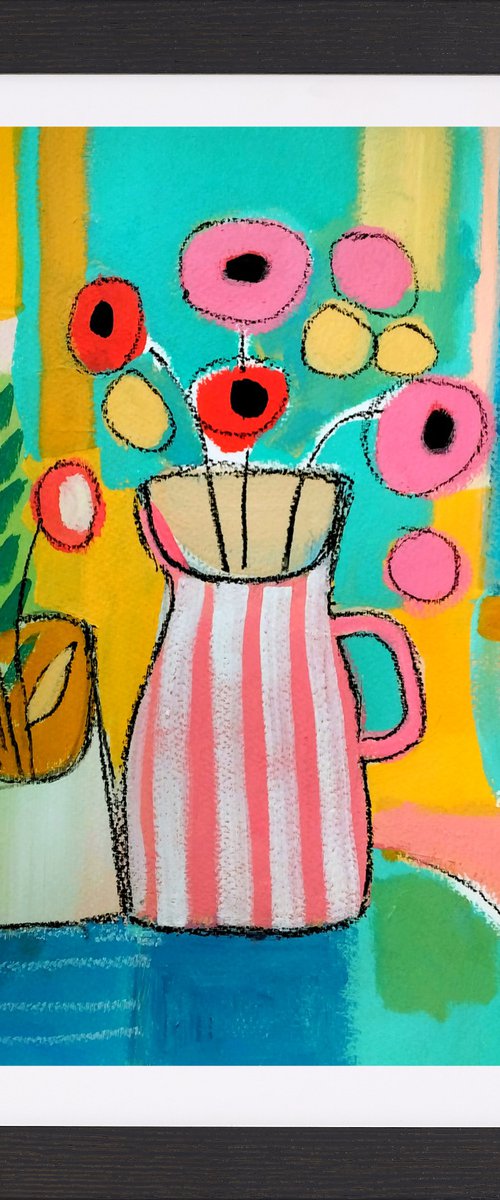 Spring Flowers in a Striped Vase by Jan Rippingham