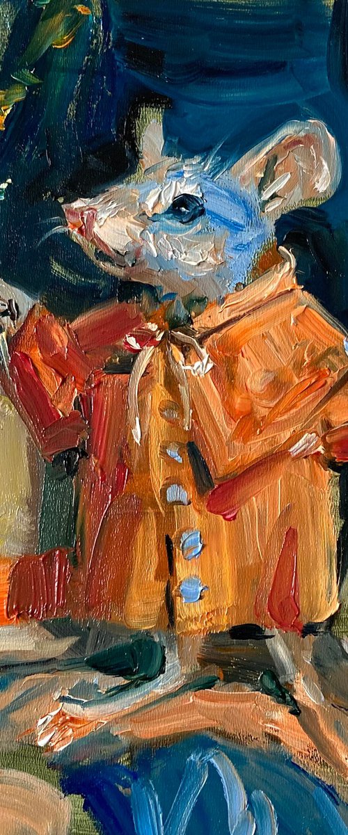 Magic Mouse in Orange Coat. Oil Painting by Natalia Miasnikova