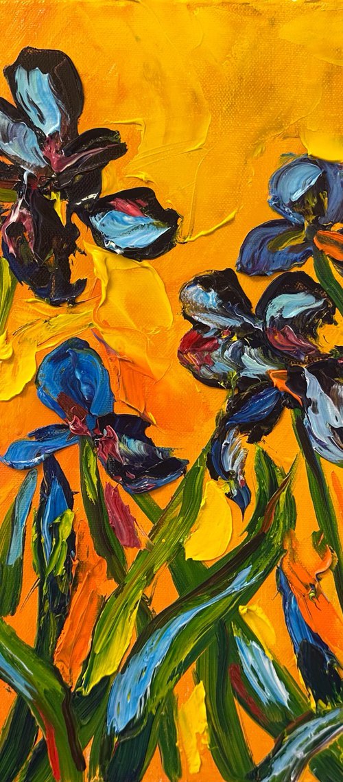 Irises on a yellow background by Oksana Fedorova