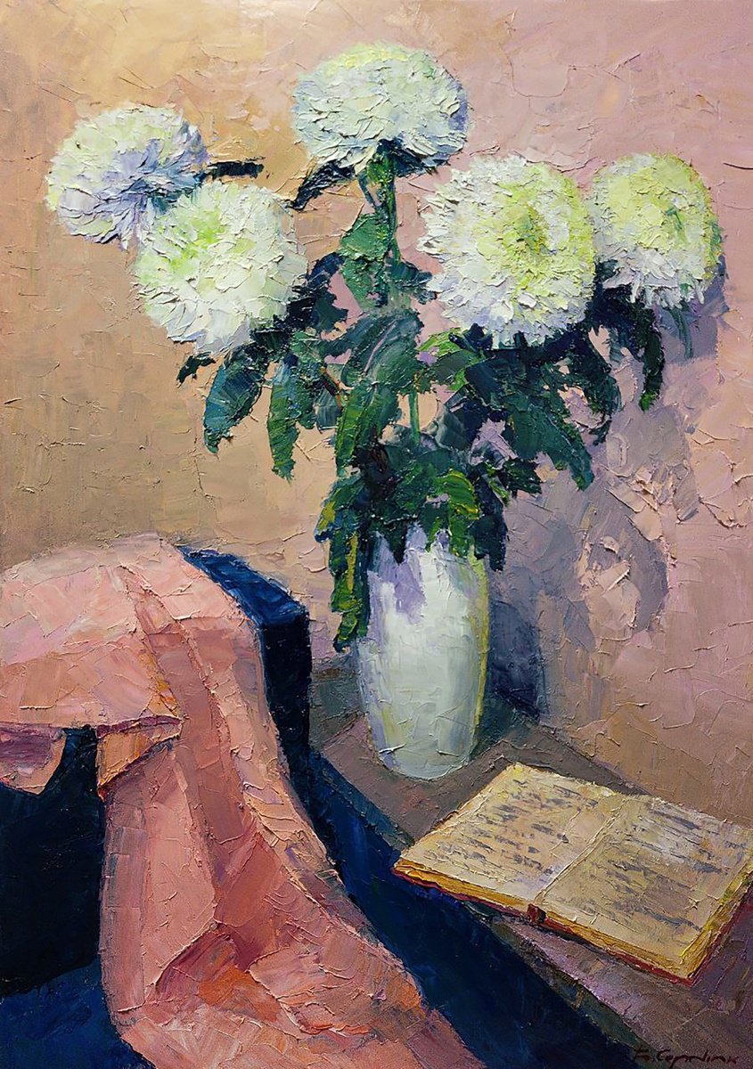 Impressionistic Botanical Oil Painting By Boris Serdyuk, 20 X 28, White Chrysanthemums, Original Artwork