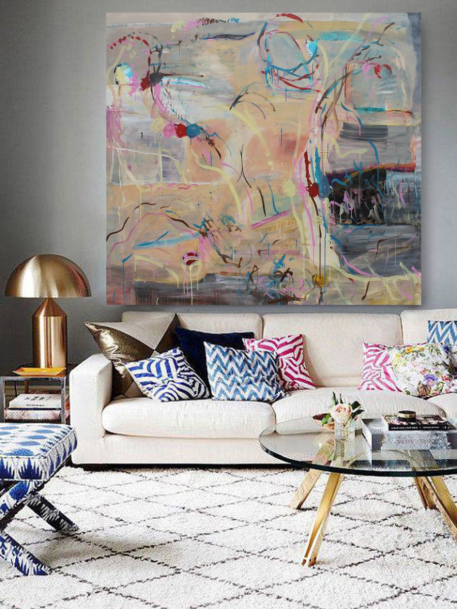 Expressive Abstract Acrylic Painting By Sergiy Dekalyuk, 81 X 76", Summer And Cats, Original Artwork