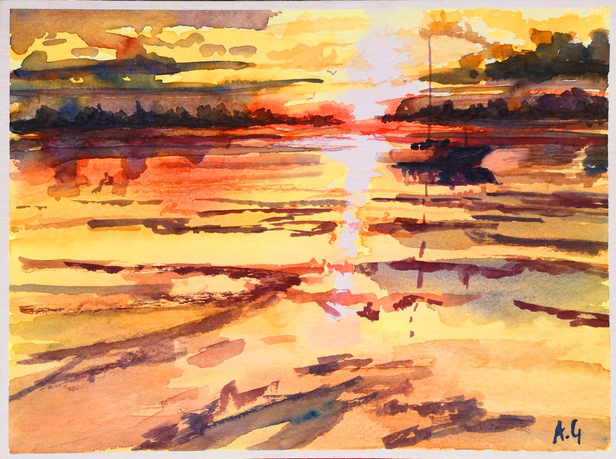 Impressionistic Landscape Watercolour By Aneta Gajos, 14 X 10, Sunset On The Lake, Original Artwork
