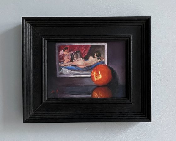 Velázquez & Nectarine Still Life original oil realism painting, with wooden frame.