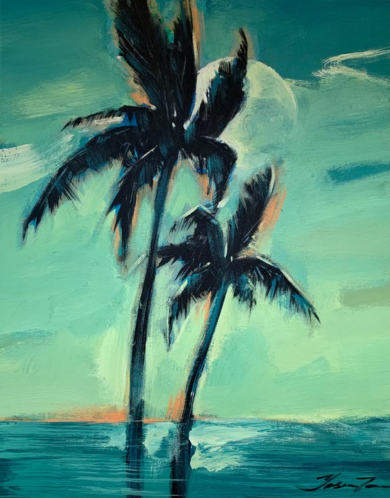 Expressionist painting - "Green day" - Pop Art - palms and sea - night seascape - 2022
