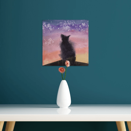 Cat Watercolor Painting, Abstract Black Cat Original Artwork, Sunset Wall Art, Cat Lover Gifts