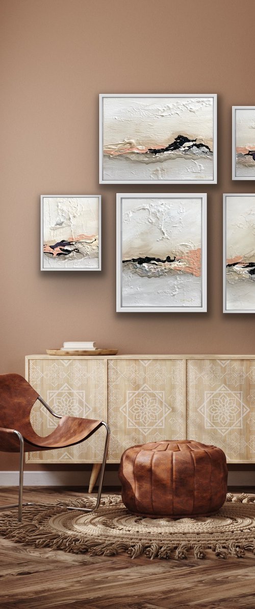 Poetic Landscape - Peach , White, Black - Composition 5 paintings framed - Wall Art Ready to hang by Daniela Pasqualini