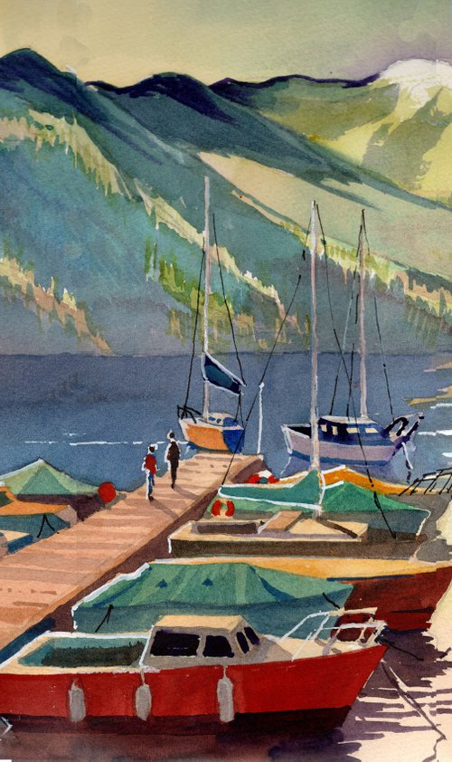 Tremezzo, Lake Como, Italy. Boats and Mountains by Peter Day