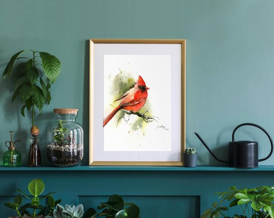 Northern Cardinal Bird Watercolor Painting